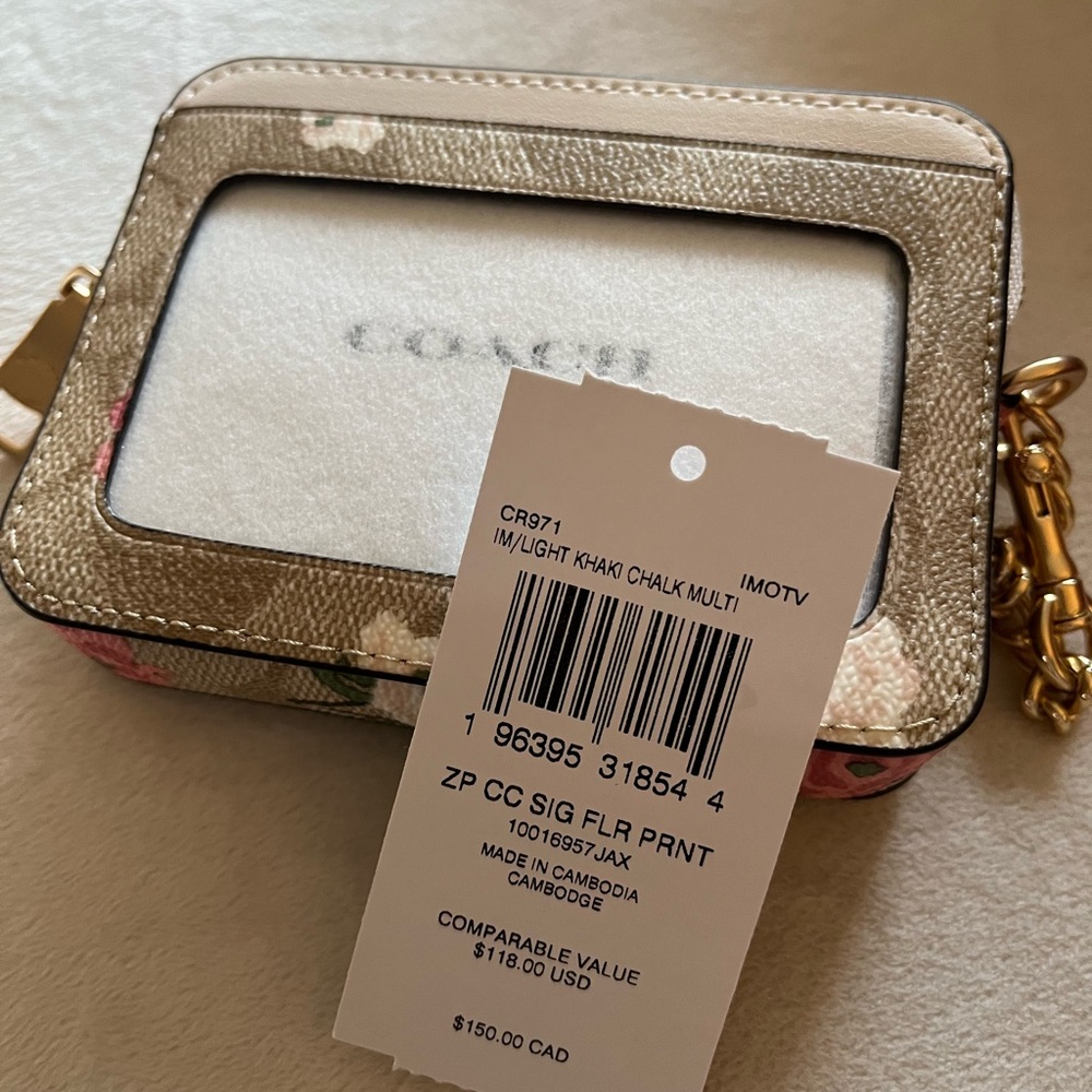 Coach Beige Floral Card Holder with Gold Chain - Picture 2 of 3